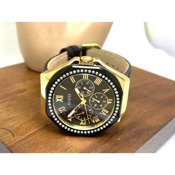 Guess Women\'s Watch GW0753L4 Quartz Gold Black Leather Strap Gemmed 36mm